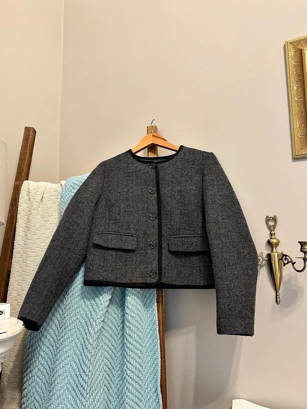 J.Crew Wool-Blend Herringbone Lady Jacket Gray & Black Size 2